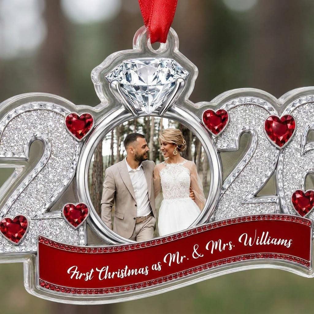 Acrylic ornament shaped like 2025 with a diamond-topped ring photo frame, red heart jewels and a red name banner