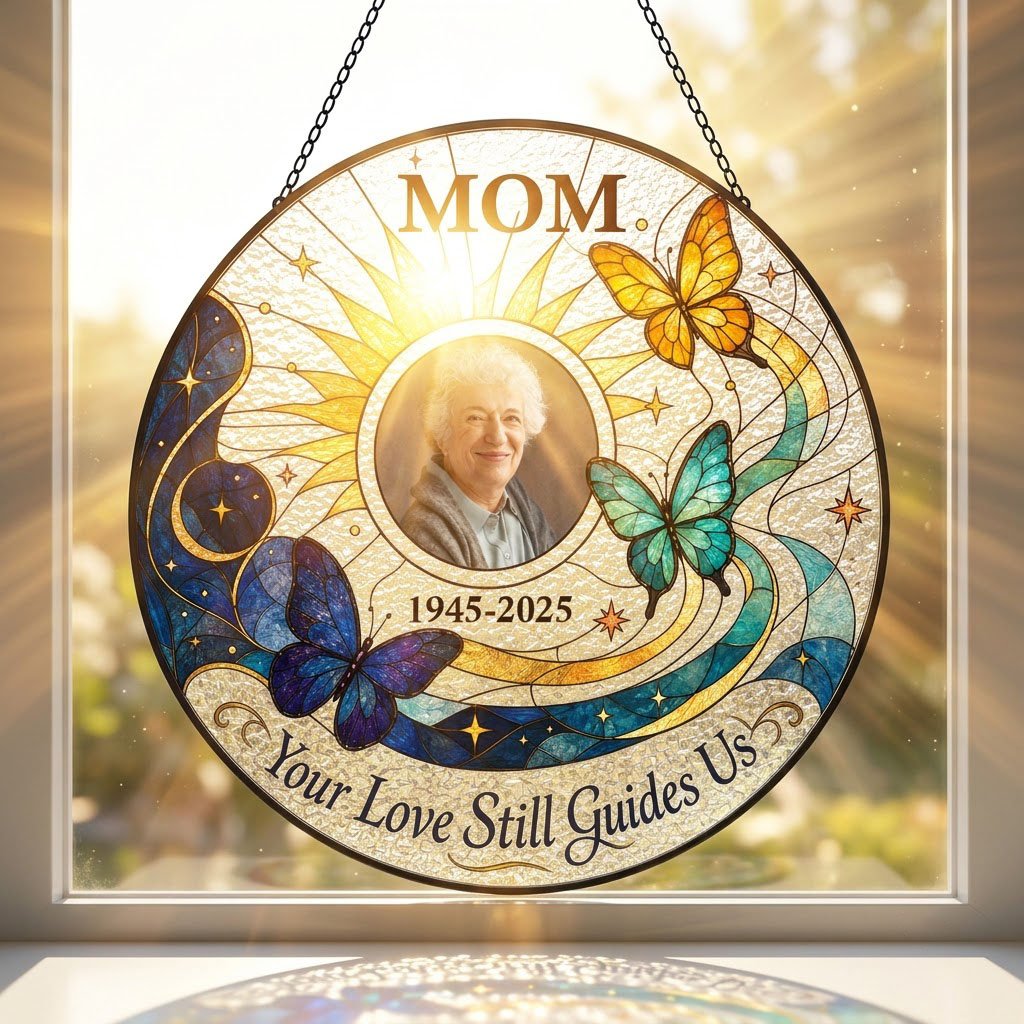 Round stained glass-style suncatcher with a photo frame, three butterflies, a crescent moon, sunburst rays and a banner 