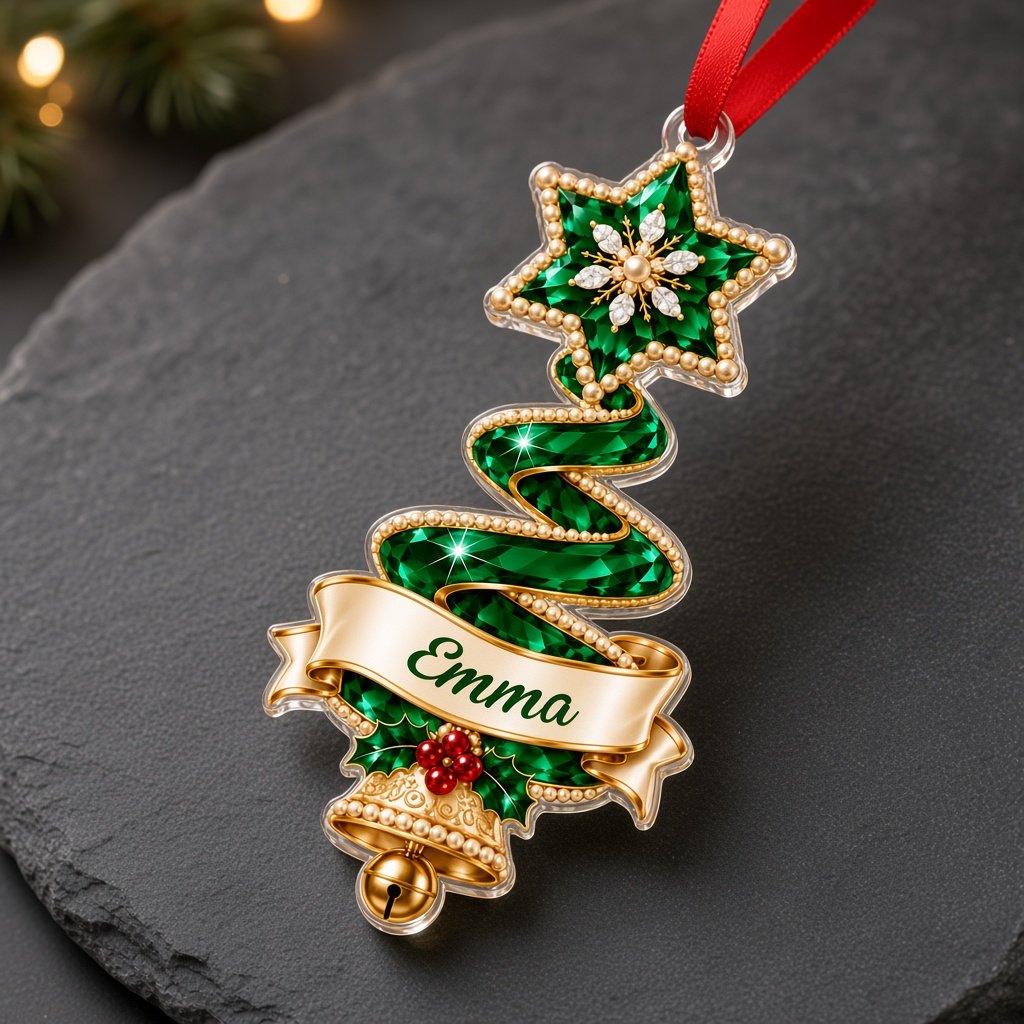Custom-cut acrylic ornament of a jeweled ribbon Christmas tree with star topper, holly sprig, name banner, and a gold be