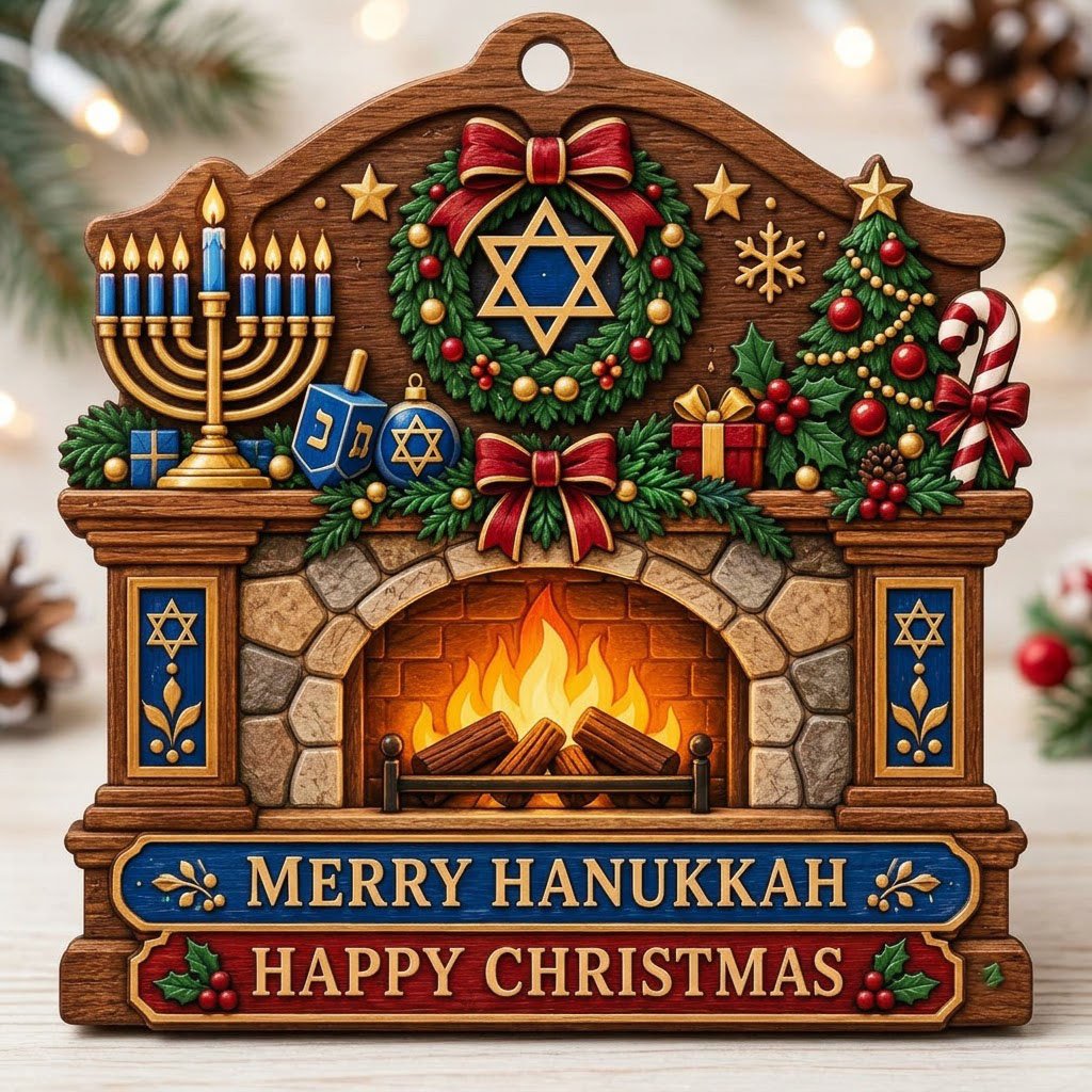 Wood ornament shaped like a fireplace mantel with a menorah, dreidel, wreath, and the words MERRY HANUKKAH and HAPPY CHR
