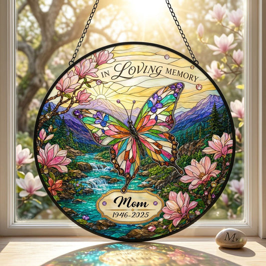 Personalized Butterfly Magnolia Mountain Landscape In Loving Memory Stained Glass Round Suncatcher
