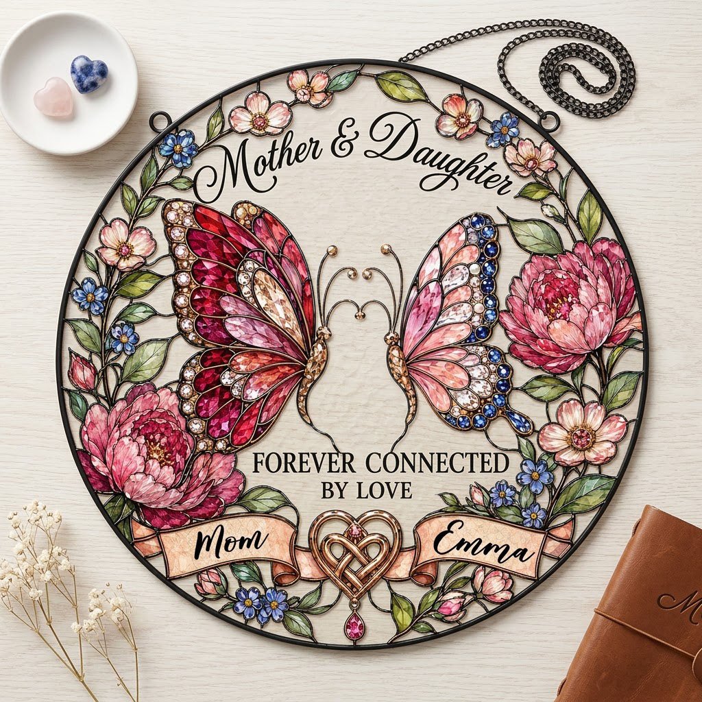Round stained-glass style suncatcher with two butterflies, pink peonies and a ribbon banner for Mother & Daughter.