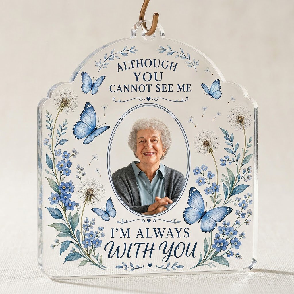 Personalized Blue Butterfly Floral Photo Memorial Acrylic Ornament