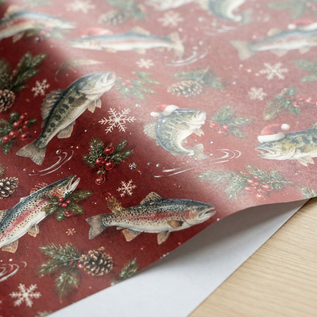 Red Christmas wrapping paper with largemouth bass and rainbow trout, some in Santa hats, pine branches, pinecones, berri