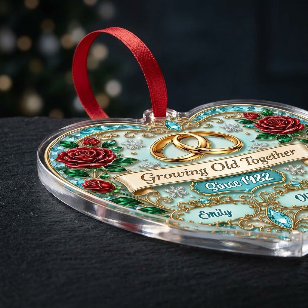 Heart-shaped clear acrylic ornament with golden rings, red roses, “Growing Old Together,” and custom names with a since 