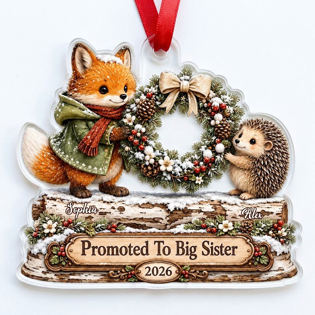 Acrylic ornament with a fox and hedgehog holding a wreath above a wood-style name banner with snowy accents.