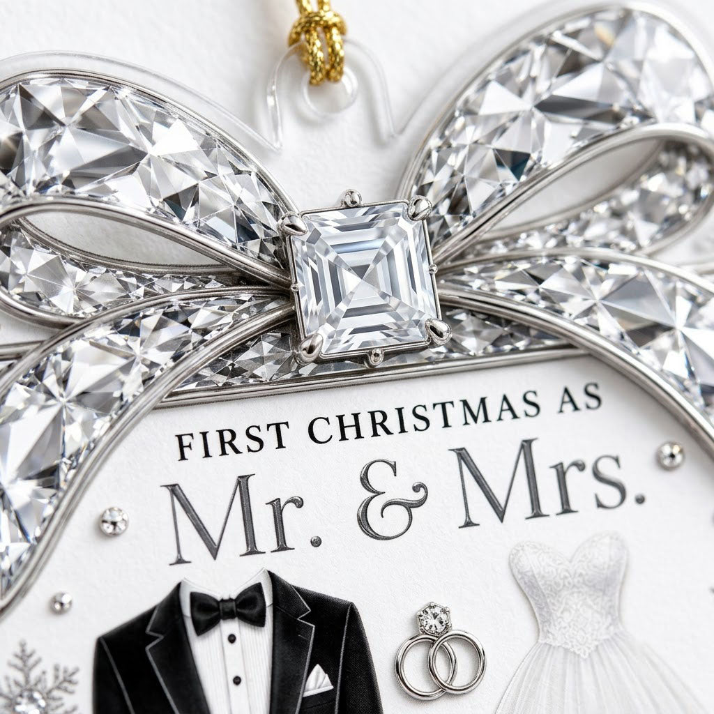 Clear acrylic gift-box ornament with jeweled bow, tuxedo jacket, wedding gown, silver rings and a silver banner.