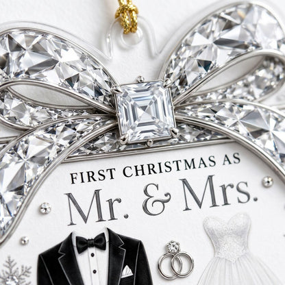 Clear acrylic gift-box ornament with jeweled bow, tuxedo jacket, wedding gown, silver rings and a silver banner.