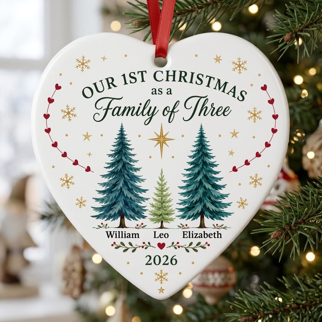 Heart ceramic ornament with three watercolor pine trees, a gold star, red heart garlands, and names with year.