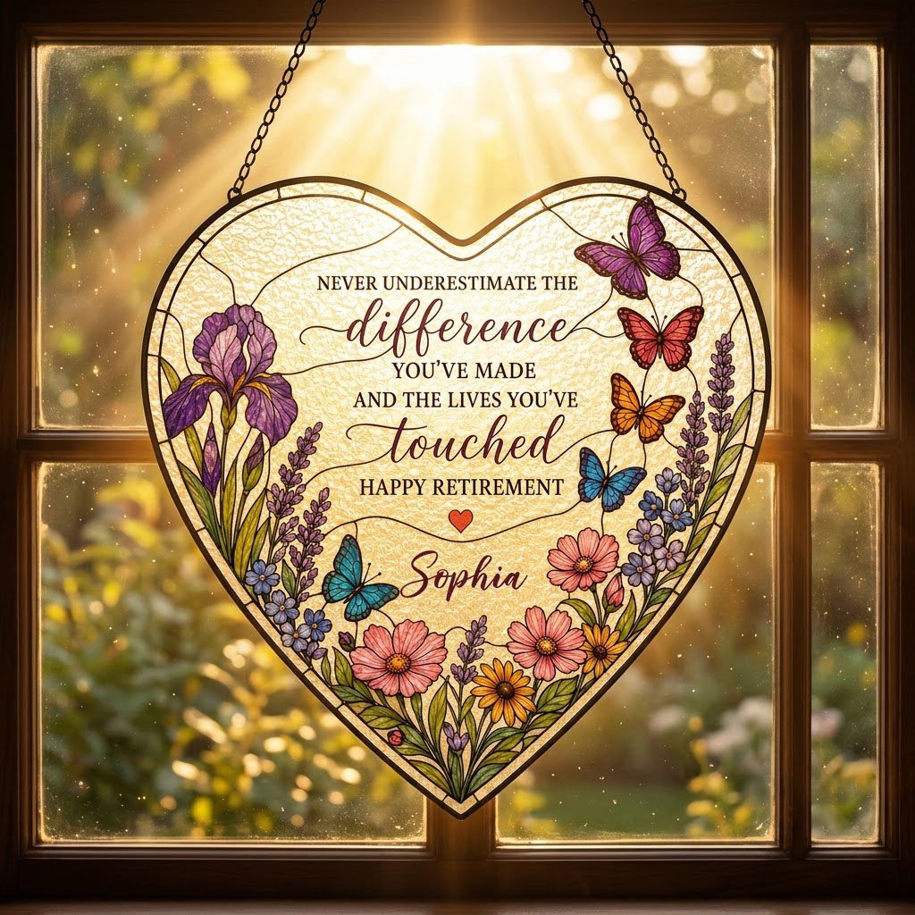 Personalized Retirement Purple Iris Wildflower Never Underestimate The Difference Happy Retirement Heart Stained Glass Suncatcher
