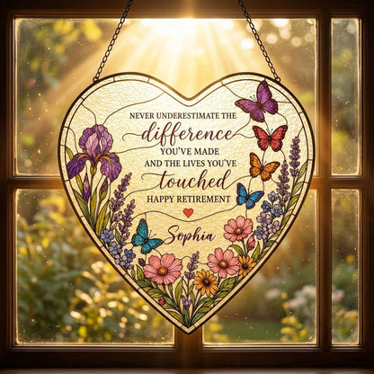Personalized Retirement Purple Iris Wildflower Never Underestimate The Difference Happy Retirement Heart Stained Glass Suncatcher