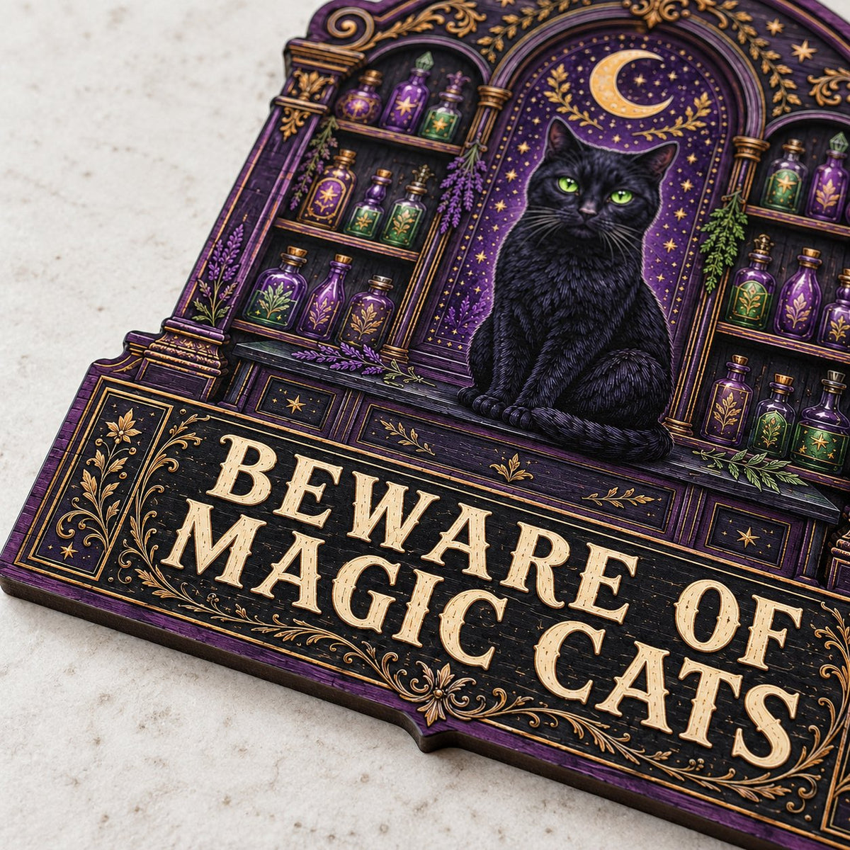 Arched wooden sign with a black cat, crescent moon, night sky, and potion shelves reading Beware of Magic Cats.