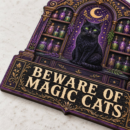 Arched wooden sign with a black cat, crescent moon, night sky, and potion shelves reading Beware of Magic Cats.