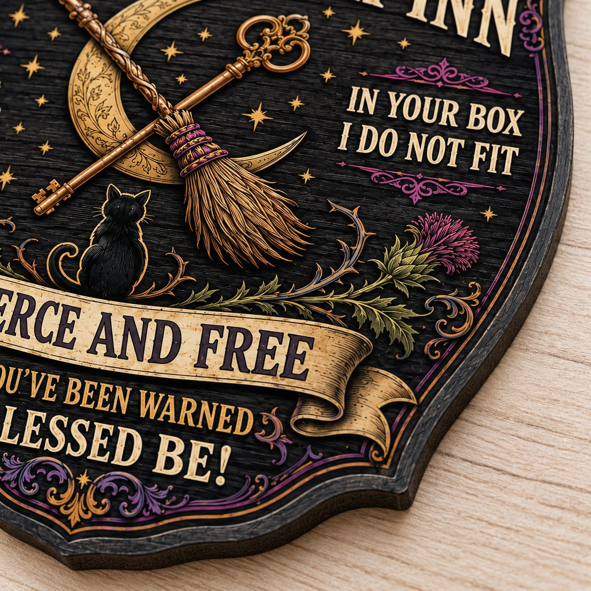 Ornate wooden plaque with moon phases, crescent moon, broomstick, key, black cat, thistles and witchy quotes.