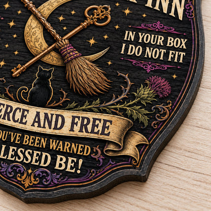 Ornate wooden plaque with moon phases, crescent moon, broomstick, key, black cat, thistles and witchy quotes.