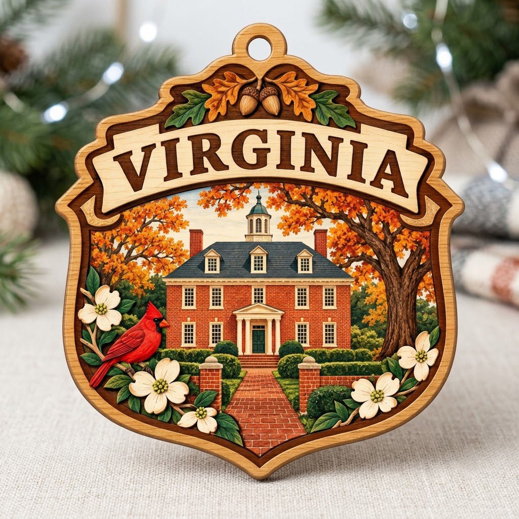 Shield-shaped wood ornament with “VIRGINIA,” colonial brick building, cardinal, acorns and white dogwood flowers.