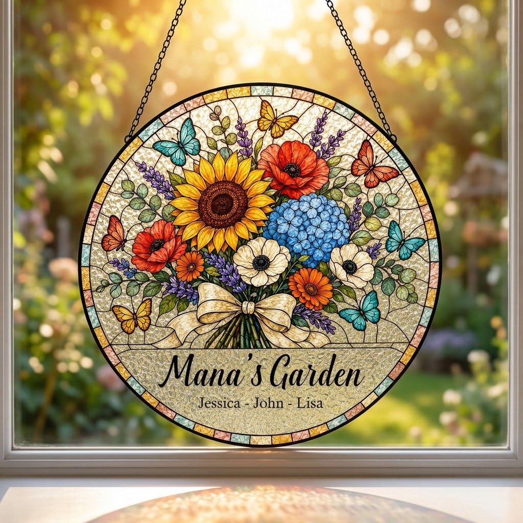 Round stained-glass style suncatcher with floral bouquet, butterflies, and 'Mana's Garden' with names.