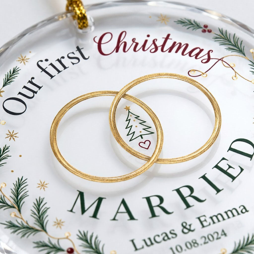 Personalized Our First Christmas Married Wedding Rings Wreath Round Glass Ornament