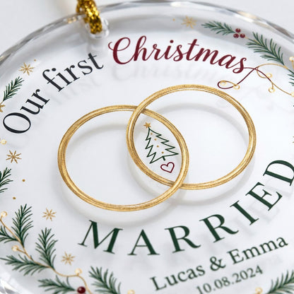 Personalized Our First Christmas Married Wedding Rings Wreath Round Glass Ornament