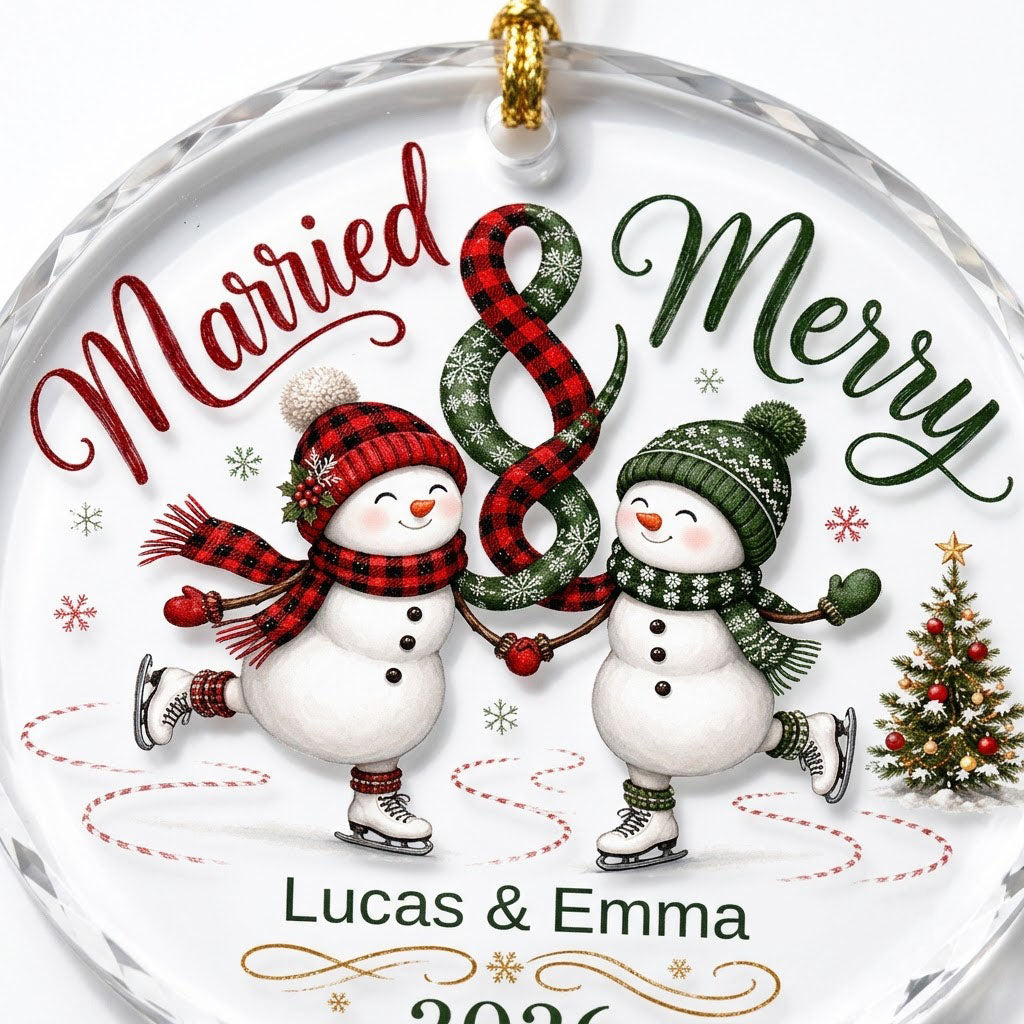 Round glass ornament with two ice-skating snowmen, a scarf ampersand above, and a small Christmas tree with star.