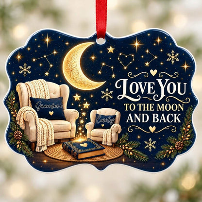 Medallion ceramic ornament with golden moon, stars, two chairs, and 'LOVE YOU TO THE MOON AND BACK' text.