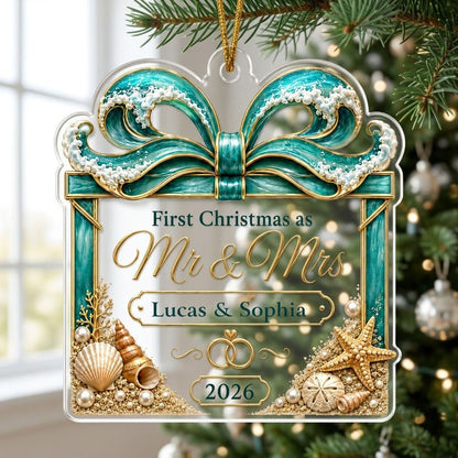Personalized Beach Ocean Wave Gift Box First Christmas as Mr & Mrs Acrylic Ornament, Custom Destination Wedding Keepsake