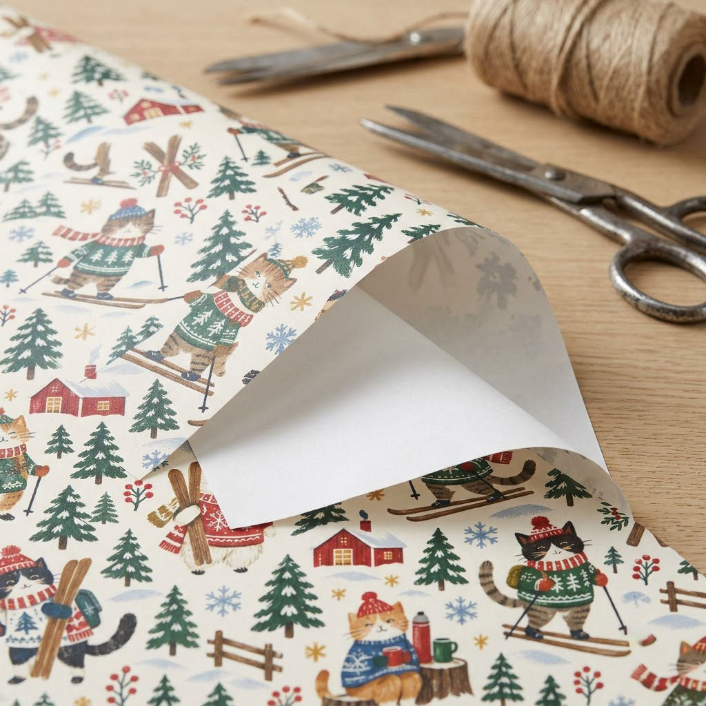 Wrapping paper featuring cartoon cats in winter gear skiing with pine trees, cabins, crossed skis and snowflakes.