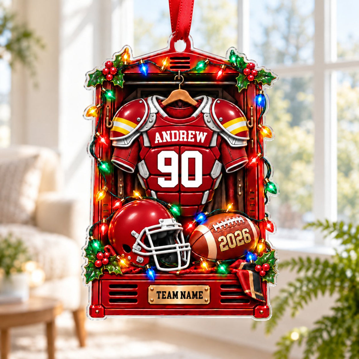 Red football locker ornament with jersey, helmet, football, holiday lights, holly, and custom name, number, team and yea