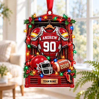 Red football locker ornament with jersey, helmet, football, holiday lights, holly, and custom name, number, team and yea