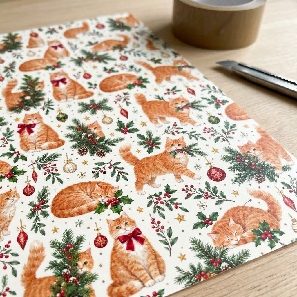Cream gift wrap with ginger tabby cats, red and gold ornaments, pine boughs, berries and stars in a pattern.