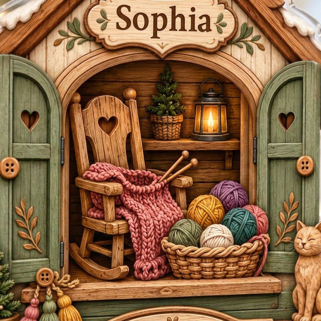 House-shaped acrylic ornament with cozy knitting shed scene and 'Just a Girl Who Loves Knitting' text.