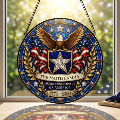 Round stained glass-style suncatcher with a bald eagle, blue star shield, American flags, laurel and a jeweled border.