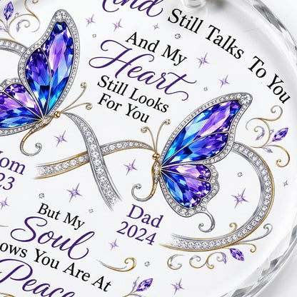 Round faceted glass ornament with two jeweled purple and blue butterflies, memorial quote, and personalized name and yea