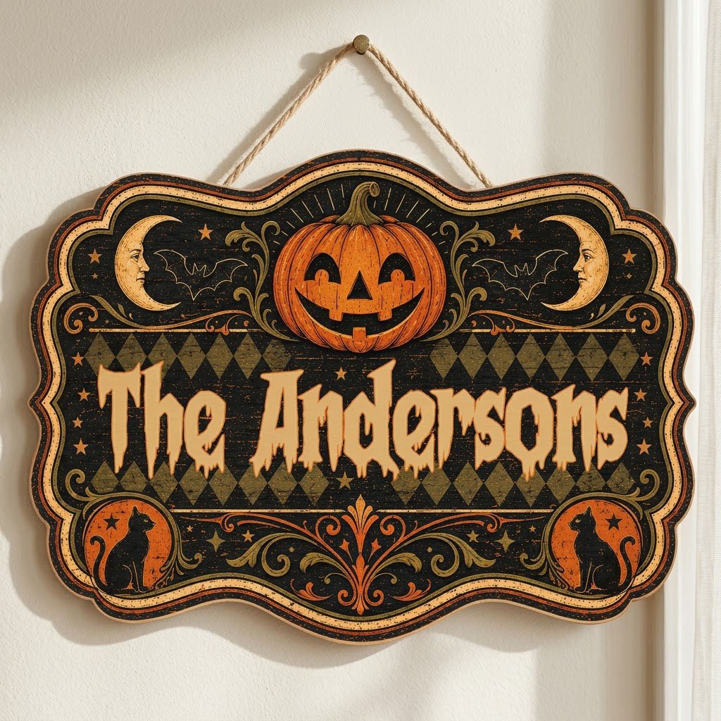 Ornate scalloped wooden sign with jack-o'-lantern, moons, bats, black cats and family name in Halloween style.