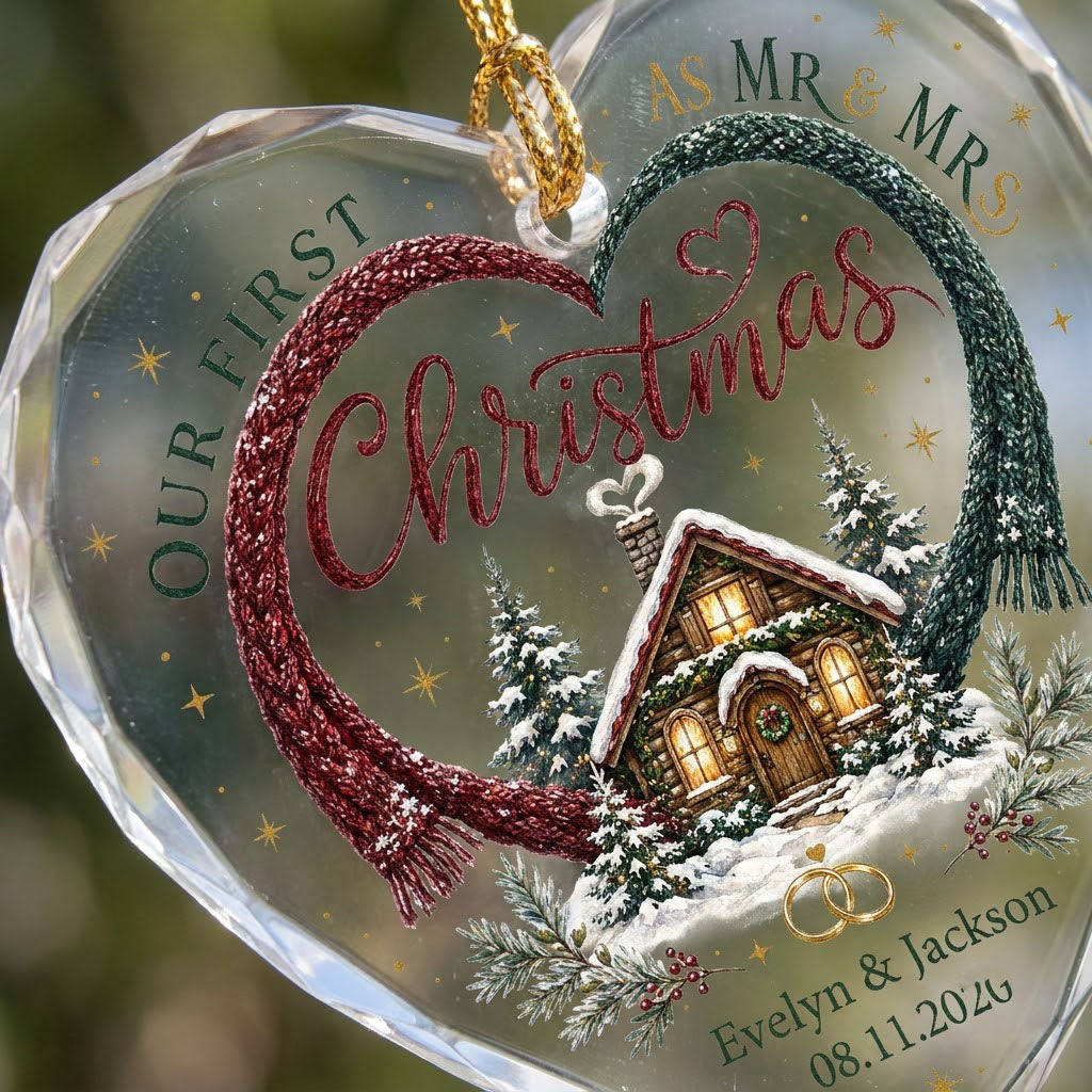 Personalized Our First Christmas as Mr & Mrs Winter Cabin Heart Glass Ornament