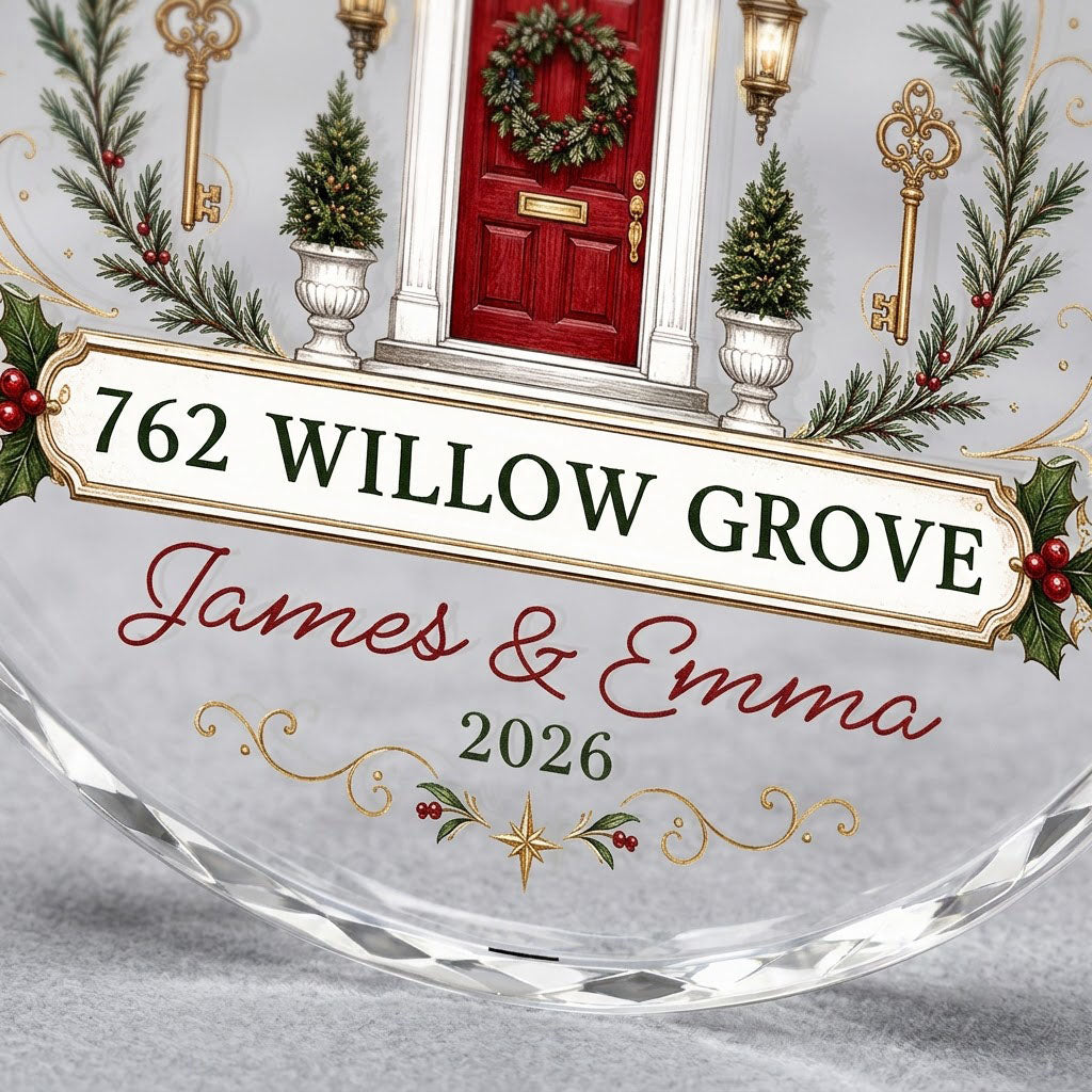 Personalized First Christmas in Our New Home Front Door Keys Round Glass Ornament