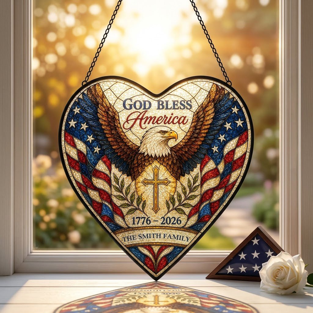 Heart-shaped stained glass suncatcher with a bald eagle over a golden cross and American flag border.