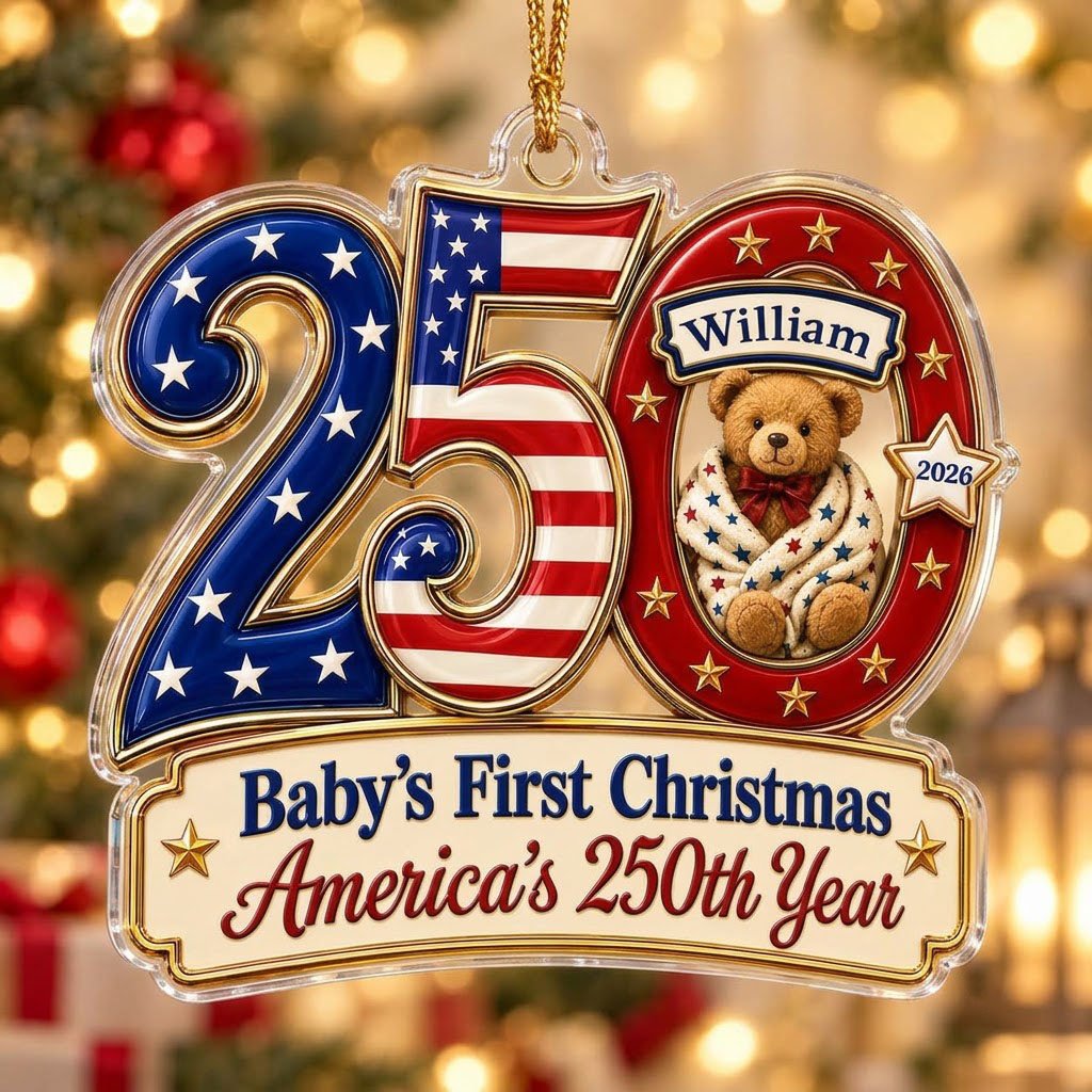 Acrylic ornament shaped like 250 with a teddy bear in the 0 and a gold-trimmed banner for the baby's name and year.