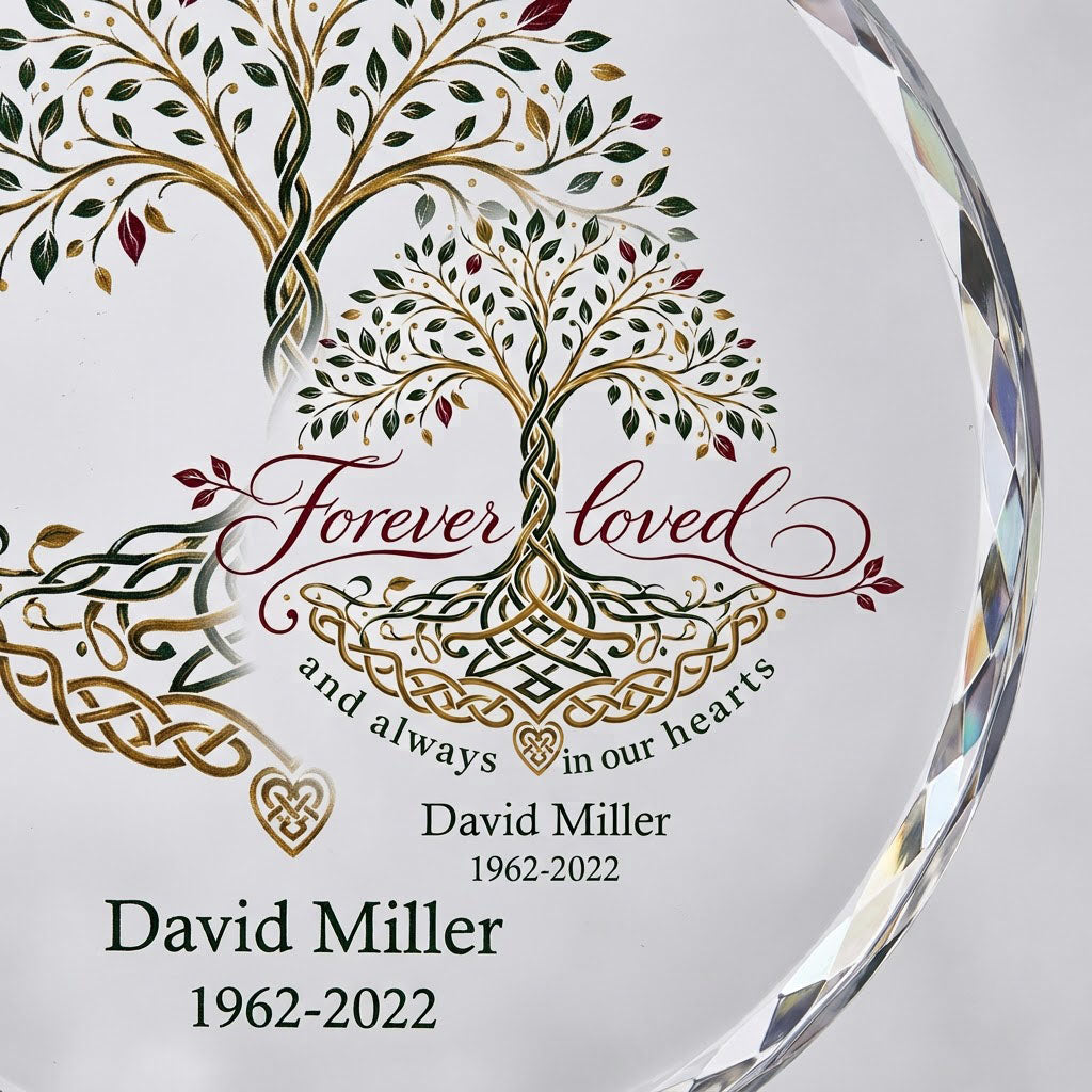Round glass ornament with Celtic Tree of Life in green, gold and red, reading Forever loved and always in our hearts.