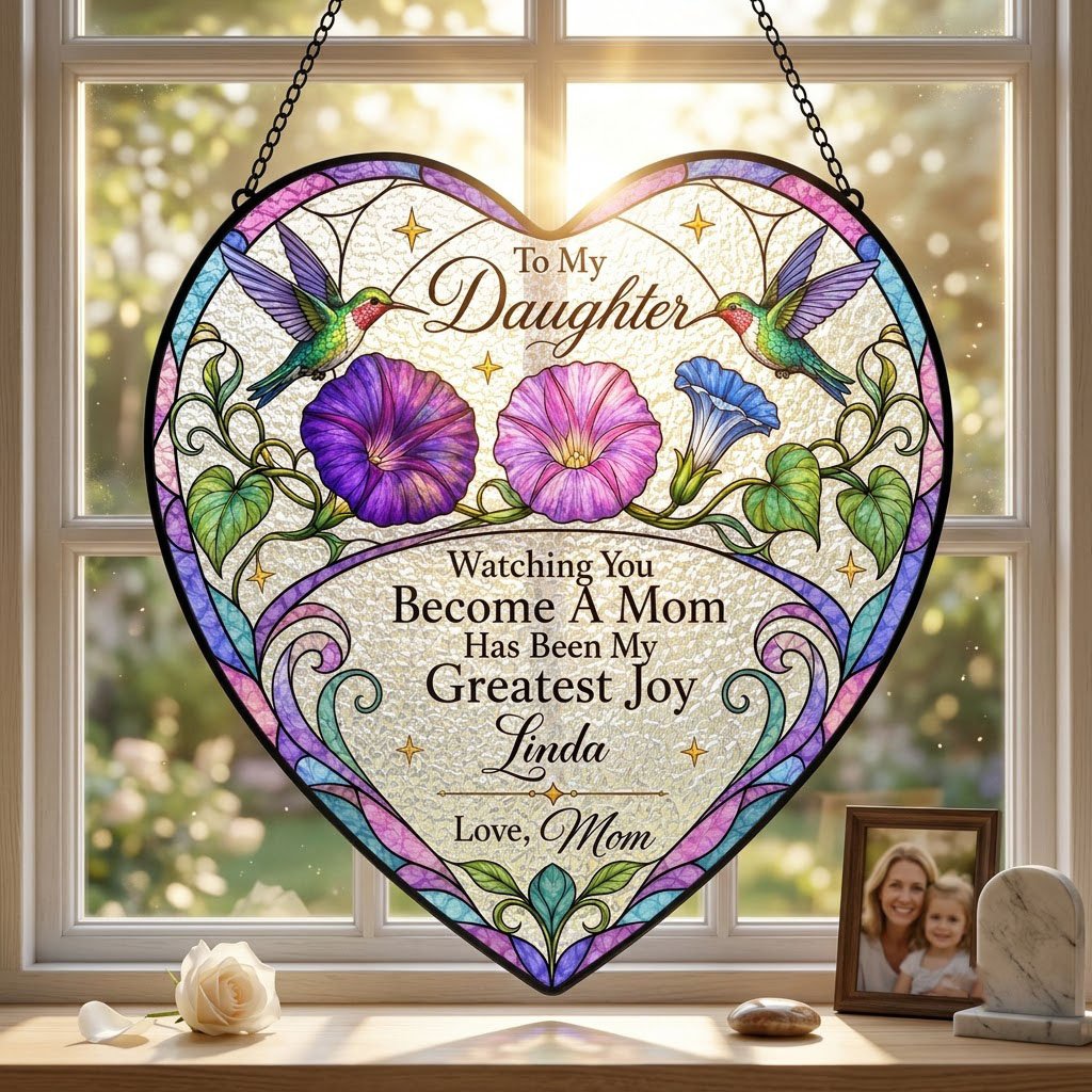 Heart-shaped stained-glass suncatcher with two hummingbirds, morning glory flowers, and 'To My Daughter' text.