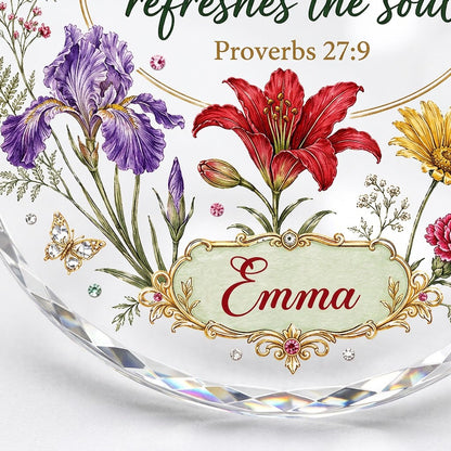 Round faceted glass ornament with florals, gold accents, butterflies, and 'A sweet friendship refreshes the soul'.