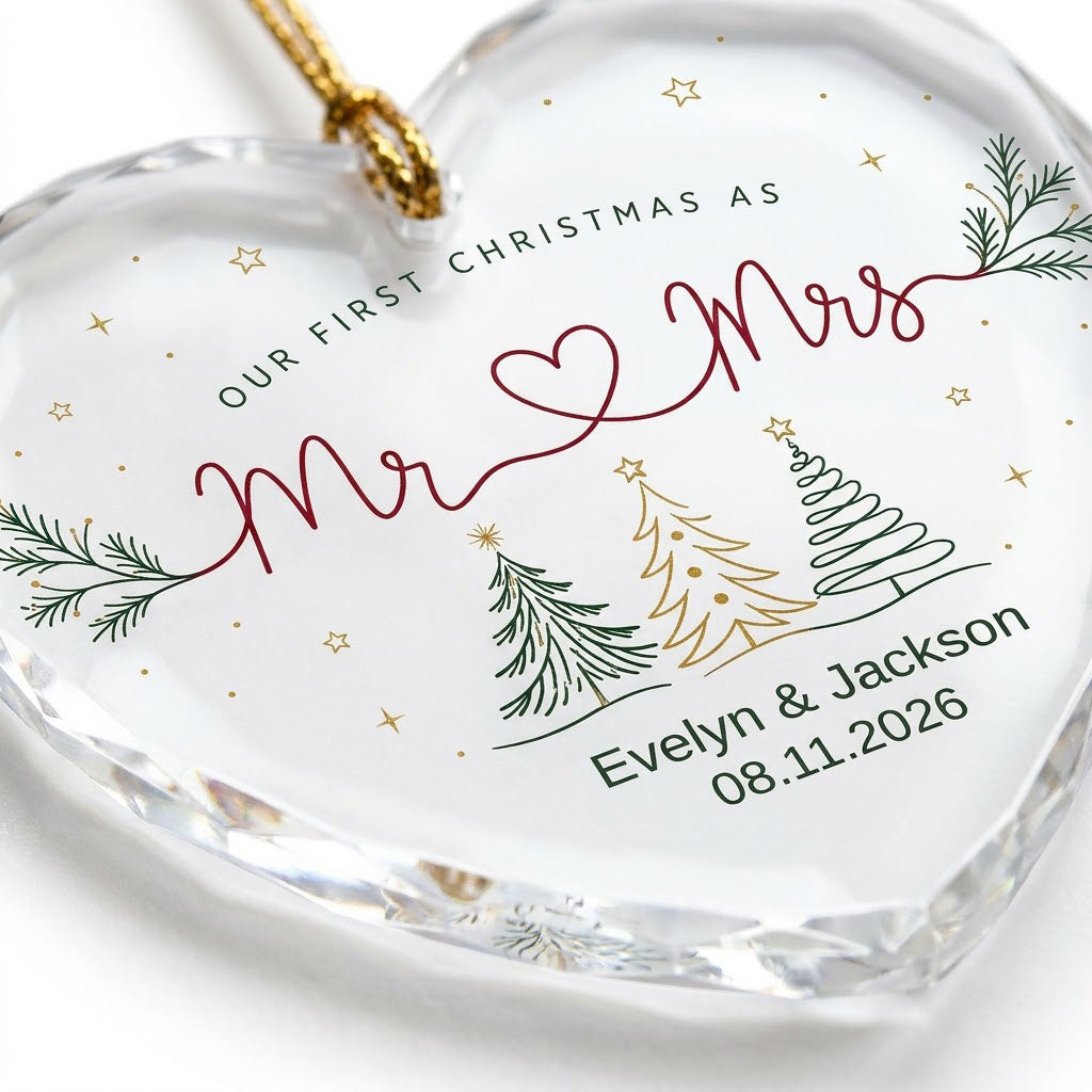 Personalized Our First Christmas as Mr & Mrs Minimalist Trees Heart Glass Ornament
