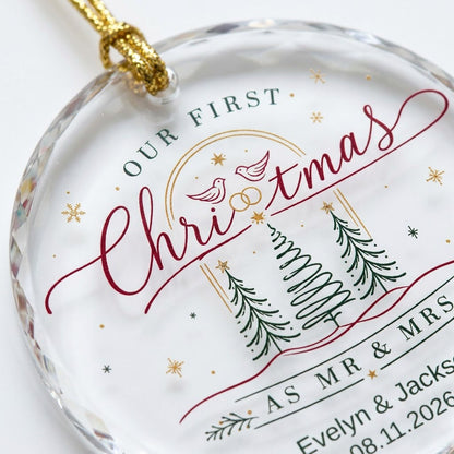 Personalized Our First Christmas as Mr & Mrs Doves and Trees Round Glass Ornament