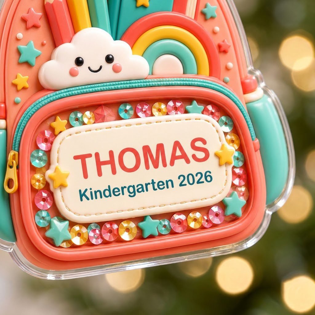 Coral backpack acrylic ornament with pencils, rainbow, smiling cloud, and 'THOMAS' Kindergarten 2026.