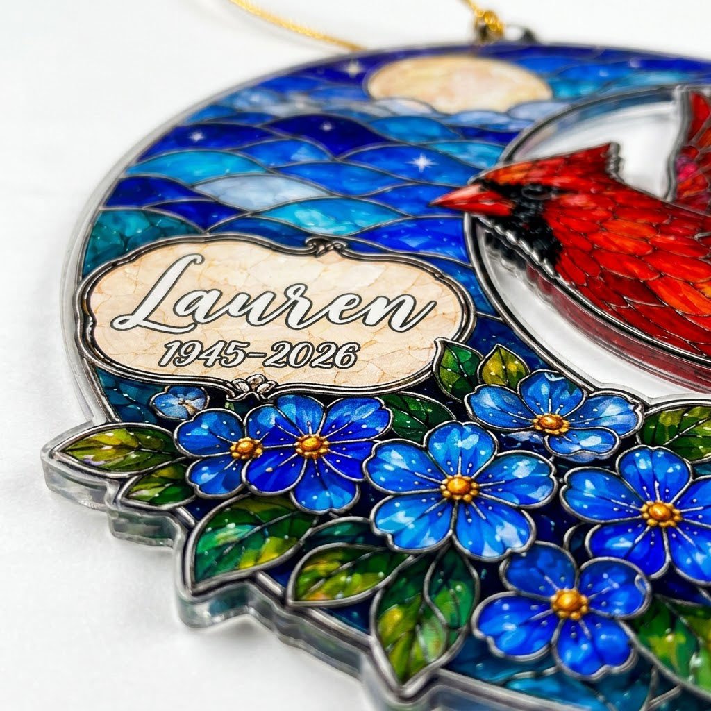 Personalized Red Cardinal Crescent Moon Memorial Acrylic Ornament