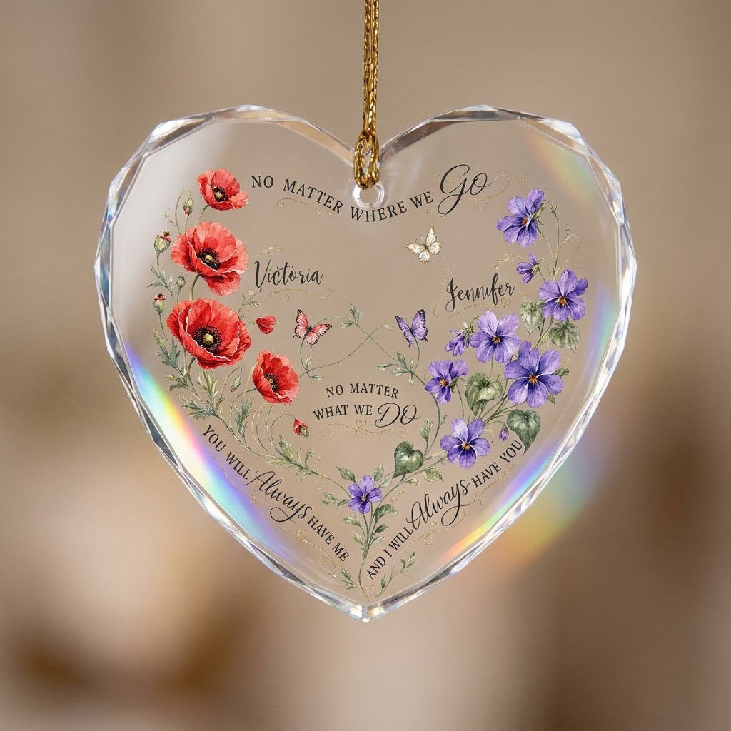 Faceted heart glass ornament with red poppies, purple violets, three butterflies, and two personalized names.