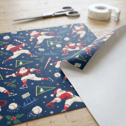Navy wrapping paper with baseball Santas, candy cane bats, baseballs, pennants, stars and pine sprigs.