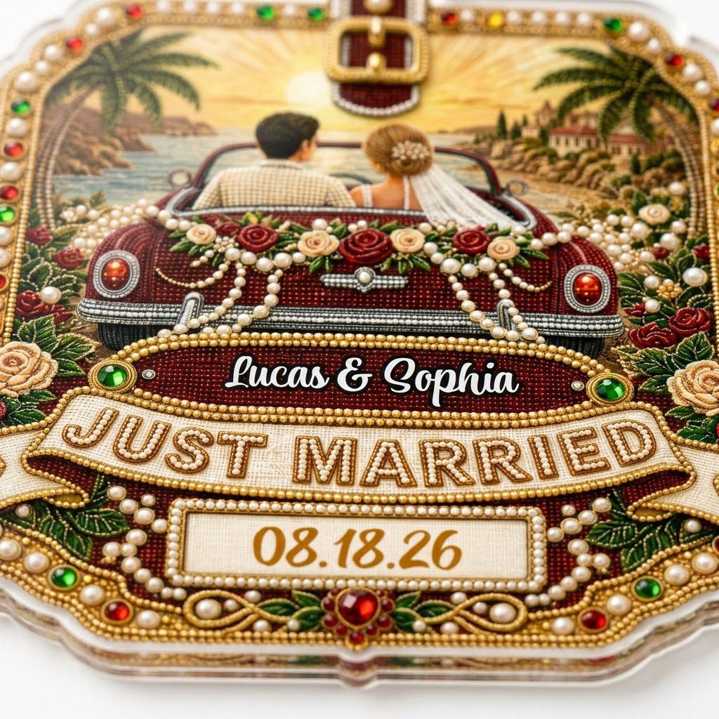 Personalized Just Married Vintage Car Acrylic Ornament