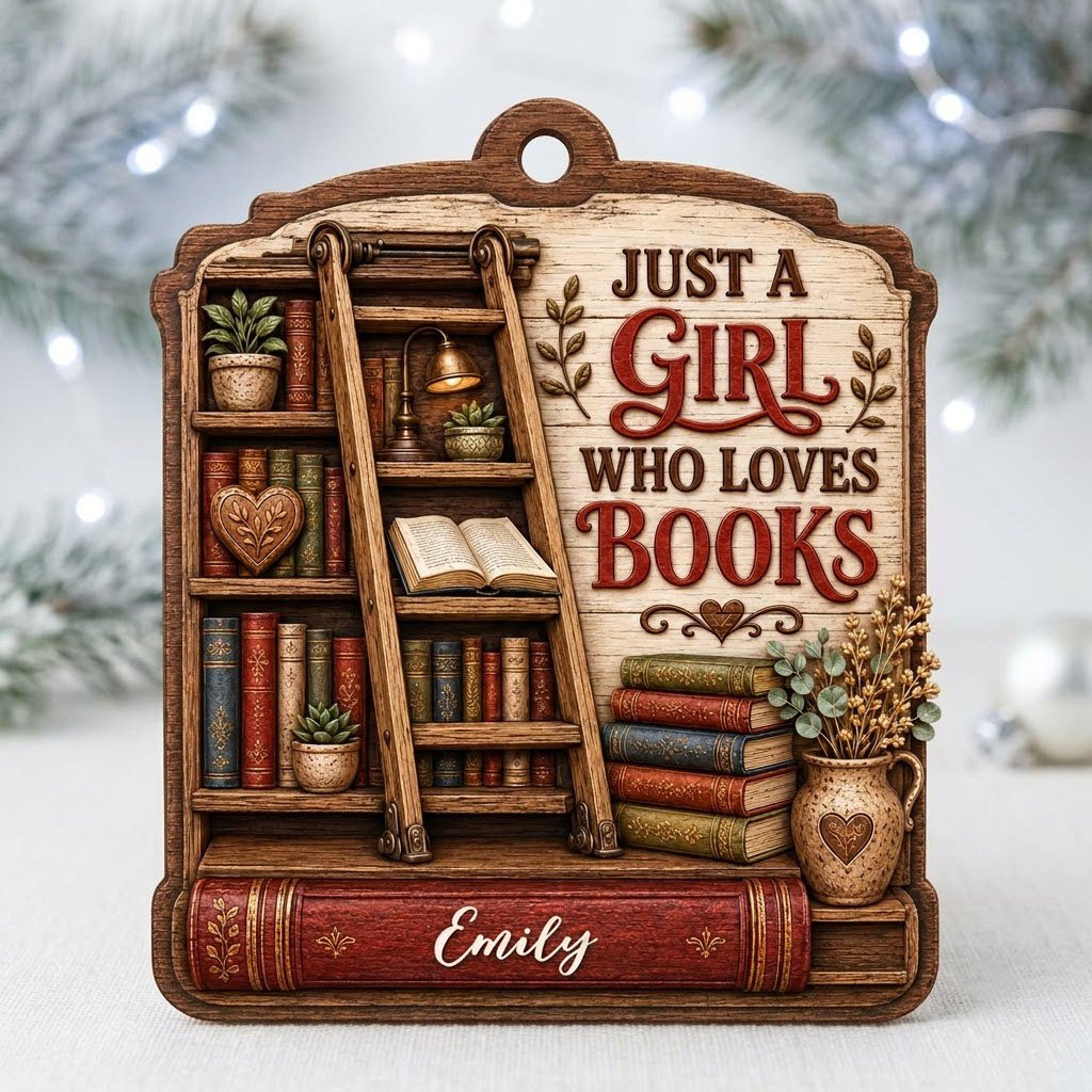 Arched wood ornament with bookshelf, ladder, and 'Just a Girl Who Loves Books' with a name on a red book spine.