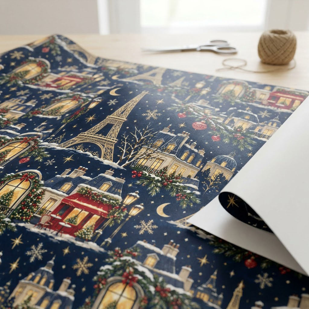 Navy Christmas wrapping paper with golden Eiffel Towers, Parisian buildings, a red cafe, stars, moons and snowflakes.